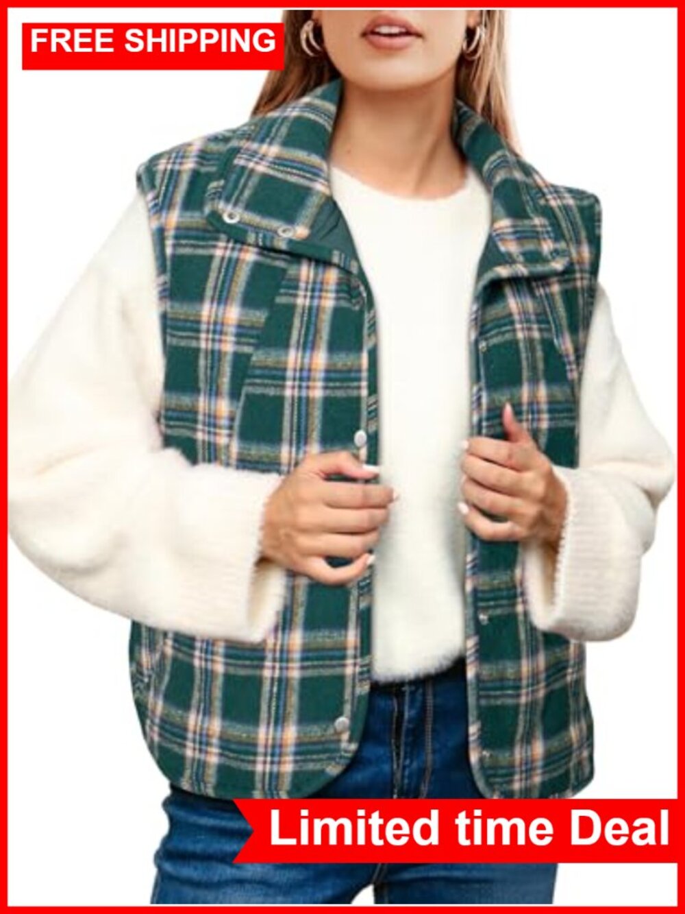 Womens Plaid Quilted Puffer Vest Sleeveless Button Down Lightweight